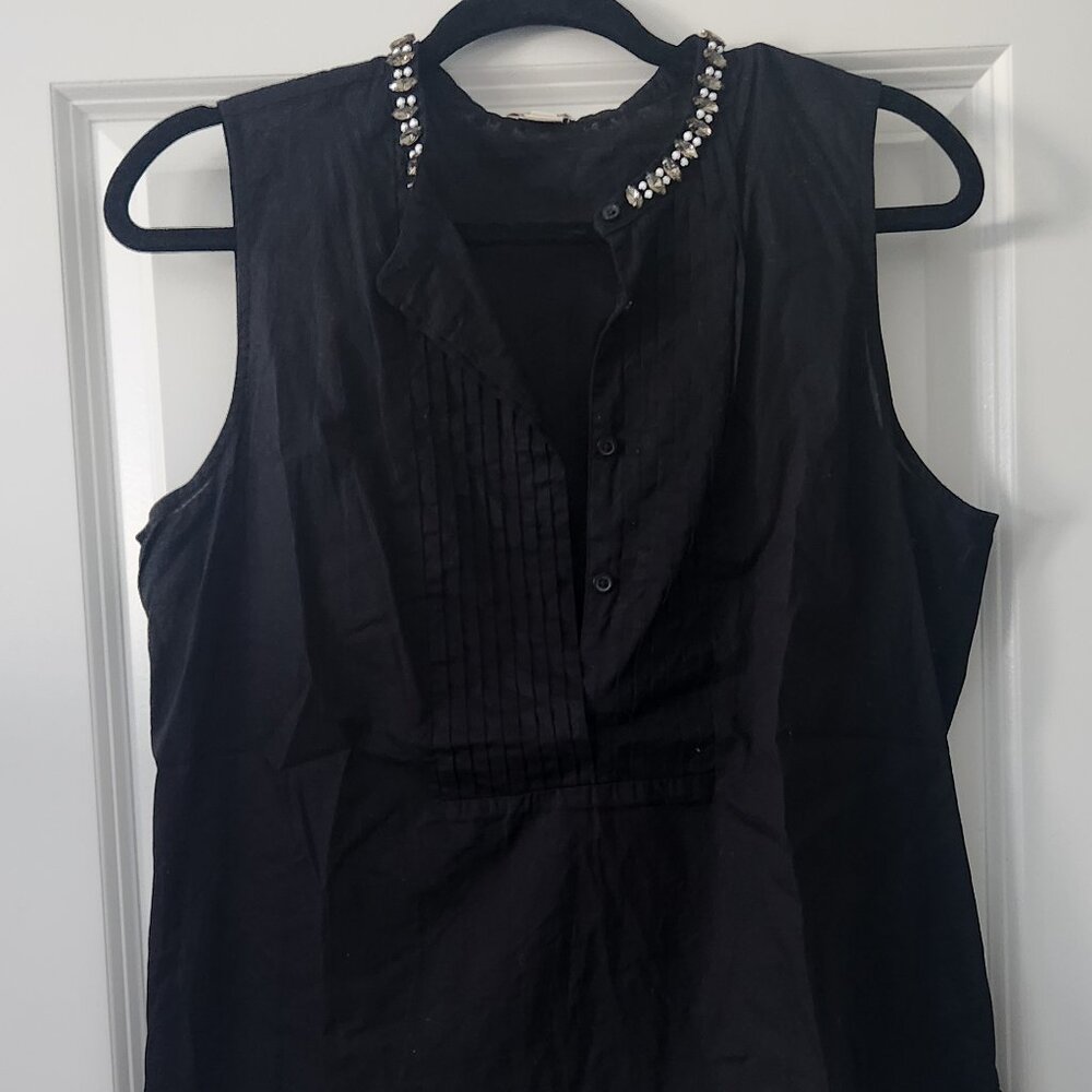 Black J Crew Button Up Top with Bejeweled Collar